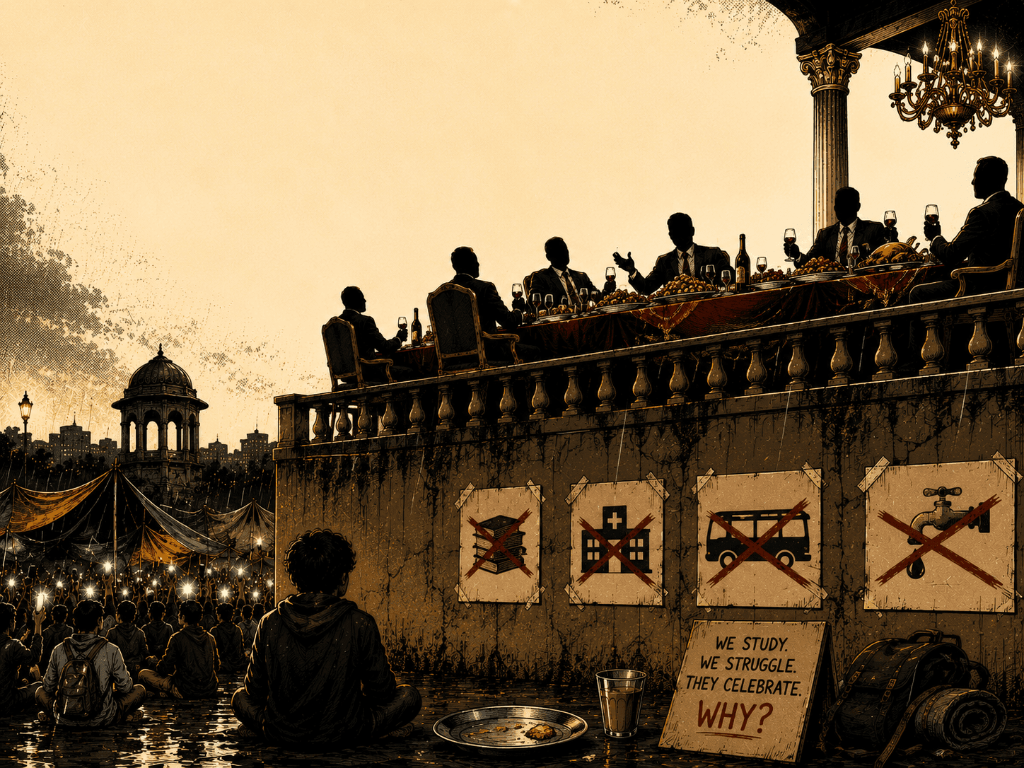 We study. We struggle. They celebrate. Why? — students below a balcony of feasting silhouettes