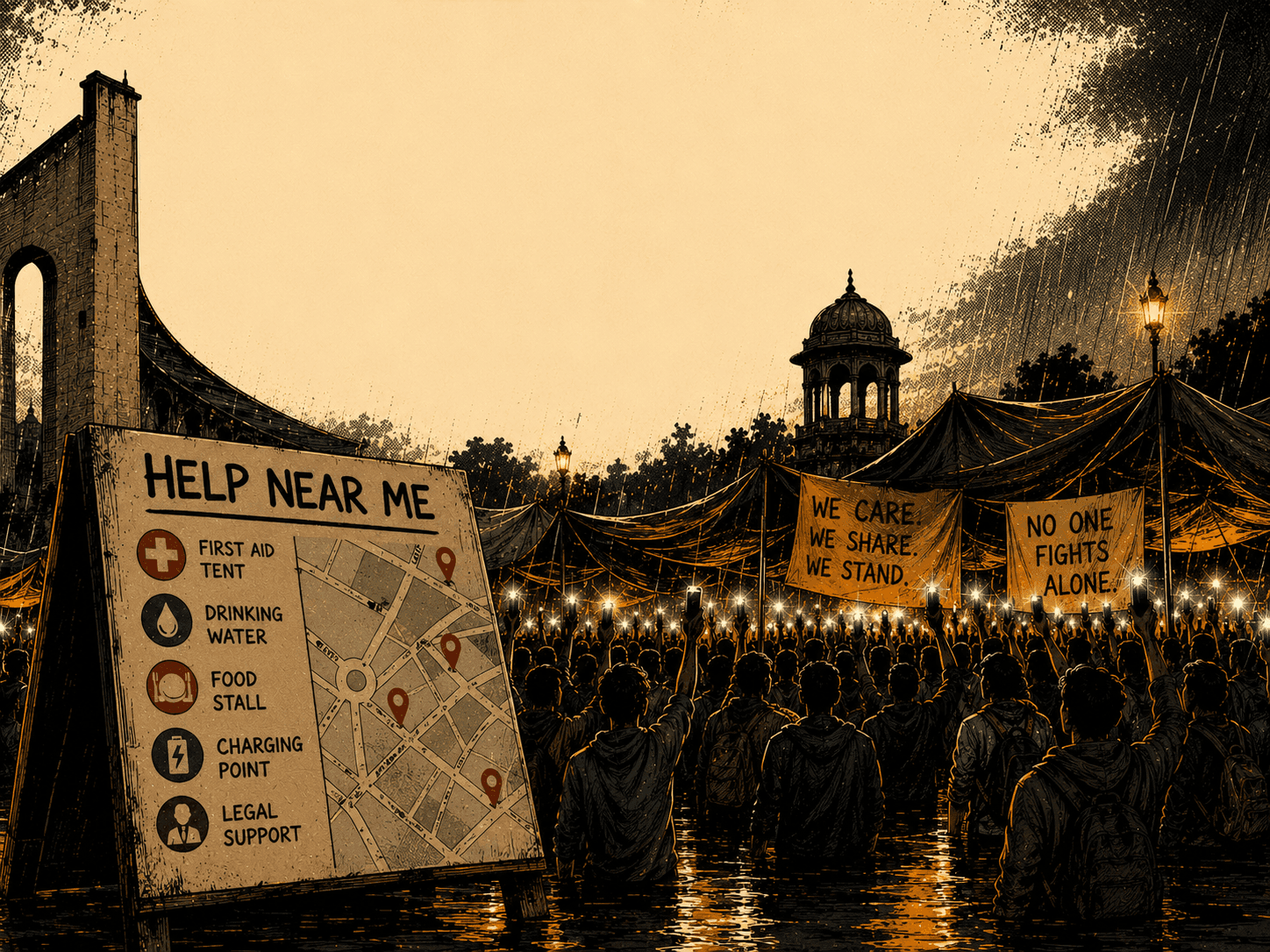 Help Near Me board at a protest camp: first aid, drinking water, food stall, charging point, legal support — madad ke saare thikane ek naksha par